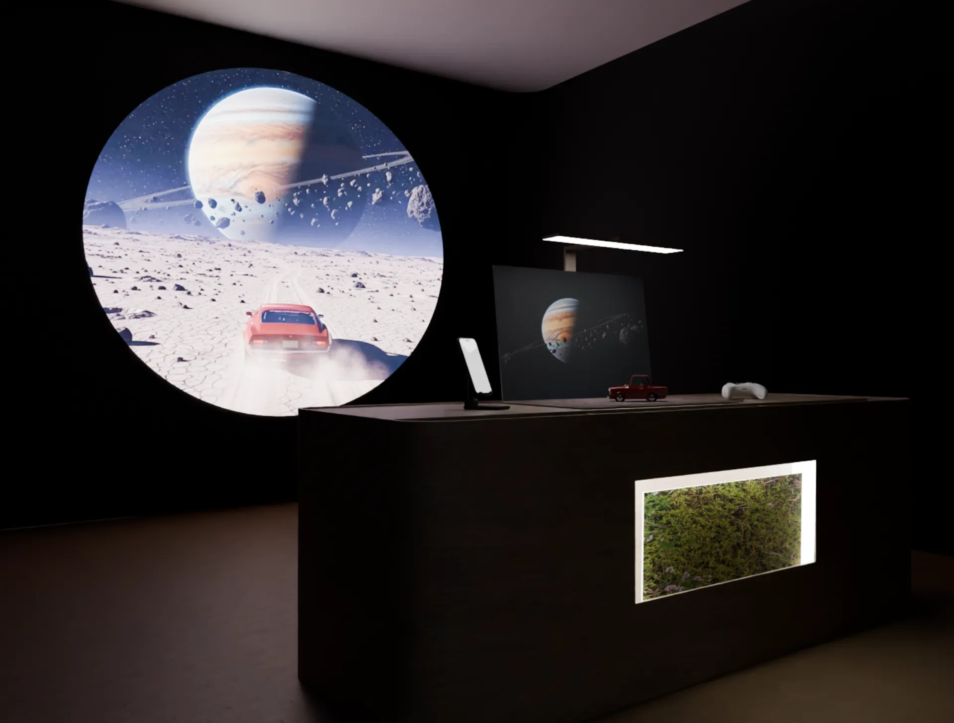 Design render of the installation: circular projection and prop desk